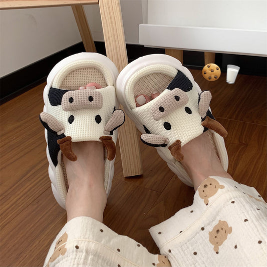 Cotton and linen cute cartoon cow silent linen slippers